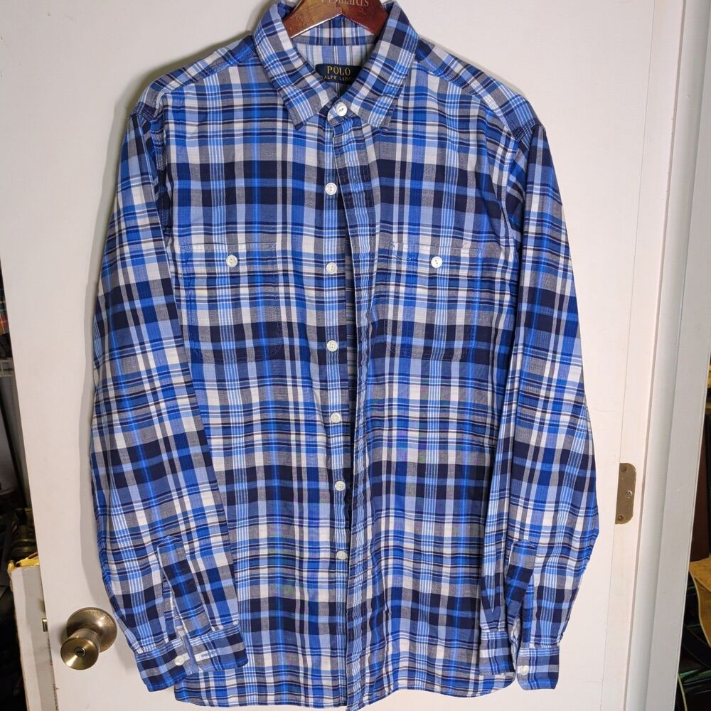 Polo Ralph Lauren XL Blue Label Plaid Shirt Two Pockets Stripe Lining